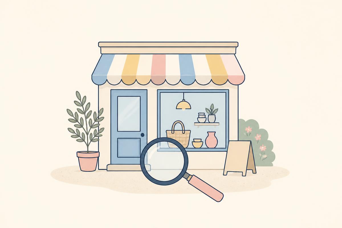 Illustration : la devanture d'un commerce local avec une loupe