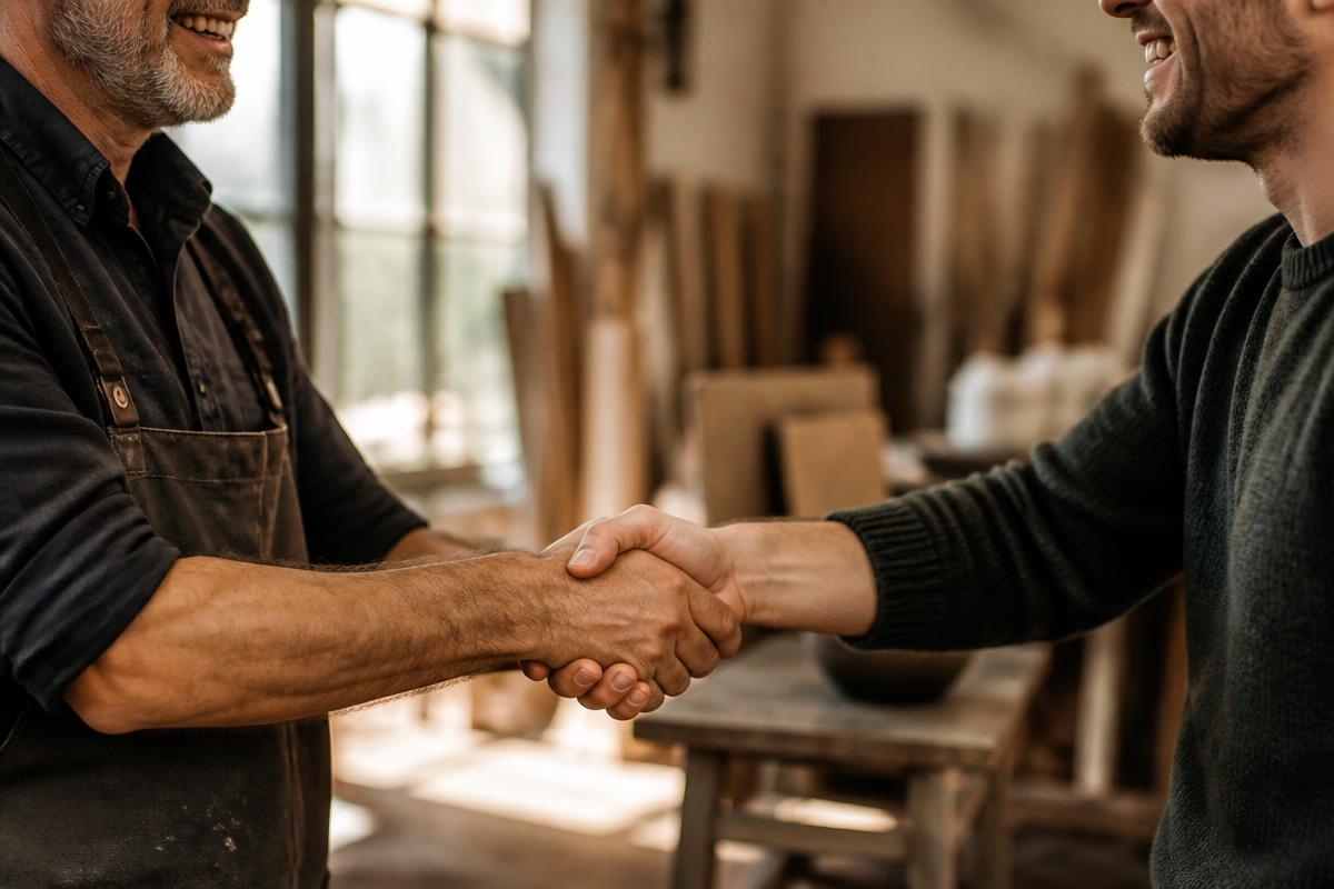 Poignée de main entre un artisan et son client dans un atelier lumineux