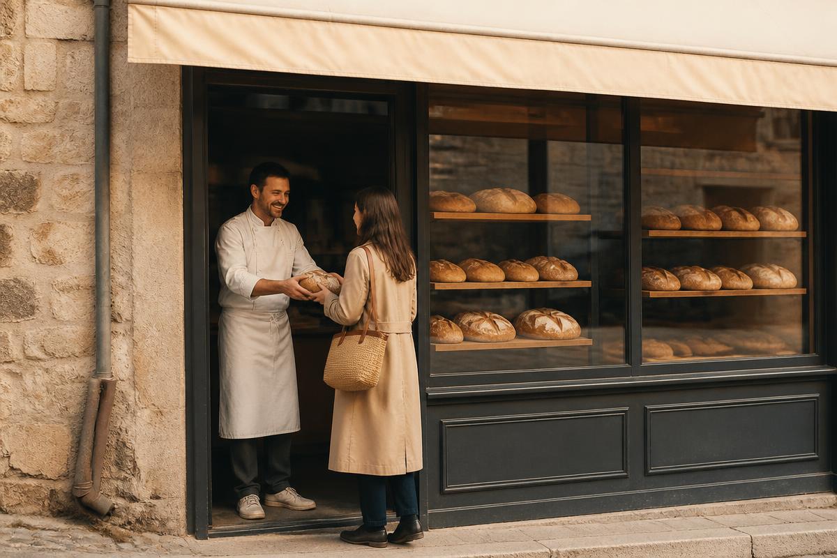 Personne consultant une carte de commerces locaux sur son téléphone devant une boutique