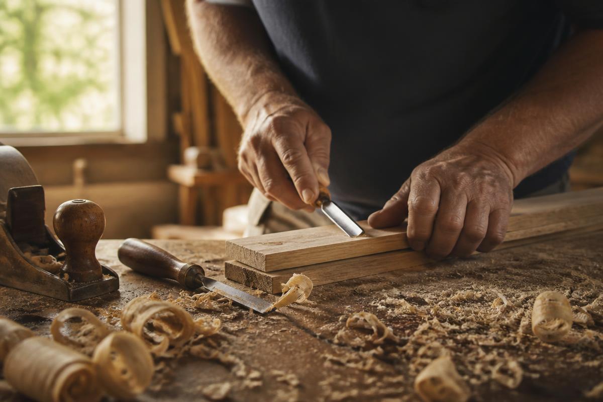 Ordinateur portable affichant un site web posé sur l'établi d'un atelier de menuiserie