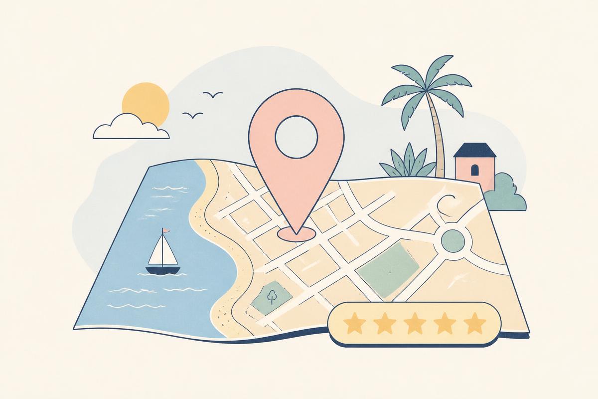 Illustration : une carte avec un repère de localisation et une note cinq étoiles